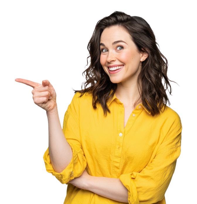 Woman in yellow shirt pointing toward the headline